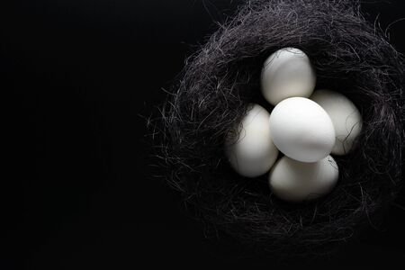 White eggs in a nest from sisal on black backgroundの写真素材