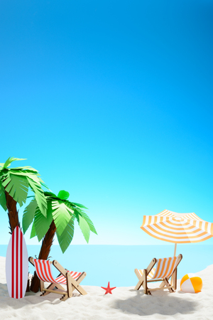 The concept of summer vacation. Beautiful view of the sandy coast with palm trees and holiday accessoriesの写真素材