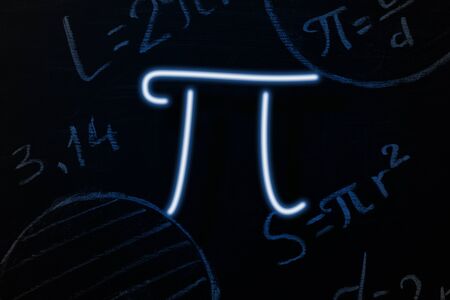 Neon signboard in the form of the sign Pi on the background of the blackboard. Horizontal orientation.の写真素材