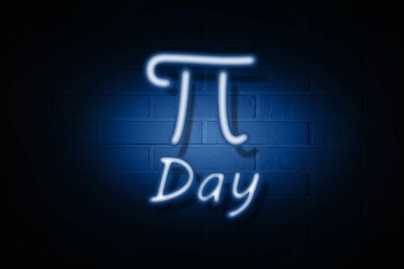 Neon signboard in the form of the sign "Pi day" on the background of a brick wall. Horizontal orientation.の写真素材