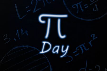 Neon signboard in the form of the sign "Pi day" on the background of a blackboard. Horizontal orientation.の写真素材