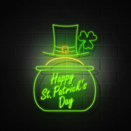 Pot of gold, hat and clover trefoil. Glowing neon symbols of the holiday of St. Patrick on the background of a brick wall.の写真素材