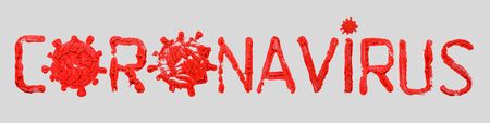 Coronavirus text in red on a light gray background. Extra wide banner. Drawn image of SARS 2019-nCov virus in red paintの写真素材