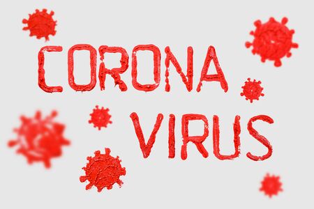 Coronavirus text in red on a light gray background. Drawn image of SARS 2019-nCov virus in red paintの写真素材