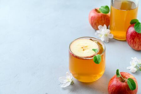 Homemade fermented kombucha or cider in a glass with a slice of fresh apple on a light gray stone table. A healthy probiotic kombucha refreshing drink. Copy space.の写真素材