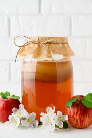 Homemade fermented kombucha in a glass jar and fresh apples on a background of a white brick wall. A healthy probiotic drink. Vertical orientation.の写真素材