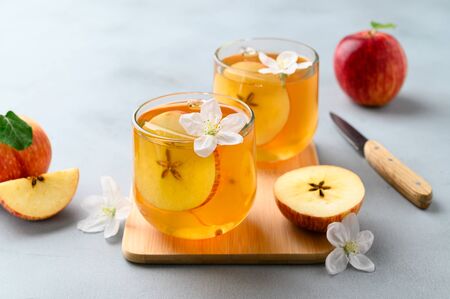 Homemade fermented kombucha or cider in glasses with a slice of apple on light gray stone table. A healthy probiotic kombucha refreshing drink. Copy space.の写真素材