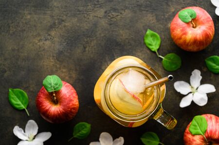 Homemade fermented kombucha in a bottle and in a jar of apples on a dark rustic background. Healthy...