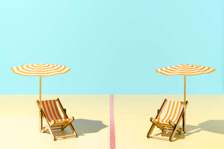 beach with sunbeds and umbrellas time after coronavirus pandemic. Two sun loungers with umbrellas, separated by marking line. New normal. Keep safe social distance. Copy spaceの写真素材