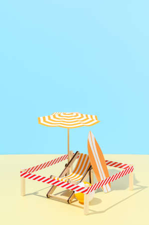Deck chair with umbrella, surfboard and ball on the beach. Isolated vacation spot at resort. Minimalistic miniature composition. New normal, safe social distance. Copy space, vertical orientation.の写真素材