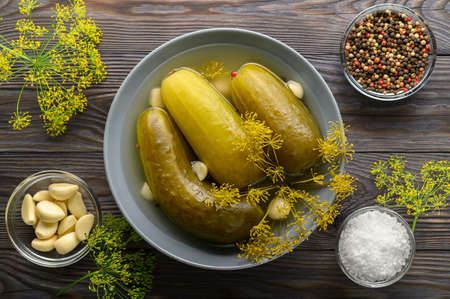Healthy fermented food. Fermented cucumbers in a plate, garlic, dill and peppers in bowls on a dark wooden background. Top view.の写真素材