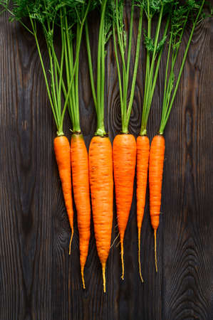 A bunch of raw carrots with green tops on a dark wooden background. Eco food, rustic style. Top view, vertical orientation.の写真素材