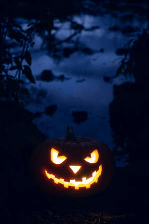 Glowing Halloween pumpkin in the forest at night. Vertical orientation, copy space.の写真素材