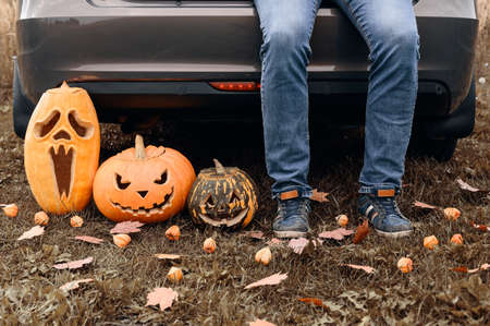 Crop view of adult man sitting in trunk of car with carved halloween pumpkins. Male legs in jeans near the car and a pumpkin jack-o-lantern, outdoors. Trick or trunk. Happy Halloween day.の写真素材