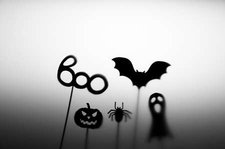 Halloween Decoration. Terrifying Shadow Puppets. Shadows pumpkin, bat, ghost, spider, and Boo word on the gray background.の写真素材