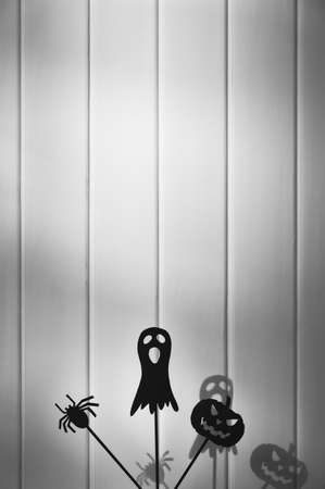 Halloween Decoration. Making Terrifying Shadow Puppet. Halloween party accessories on the white wooden wall background. Vertical orientation, copy spaceの写真素材