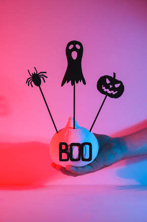 Halloween home decorations. A human hand holds a painted white pumpkin and black scary Halloween puppets on sticks, illuminated by neon light. vertical orientation.の写真素材