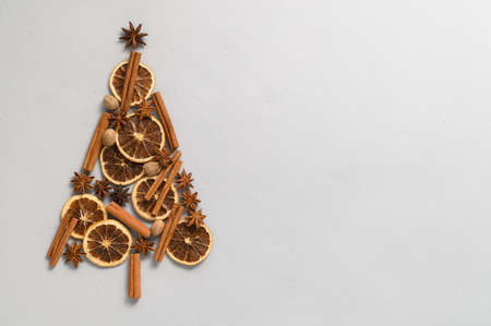Alternative Christmas tree. Top view of Christmas tree made from anise star, cinnamon sticks, orange dry, and nutmeg on a light gray background. Copy space, flat lay. Minimal concept.の写真素材
