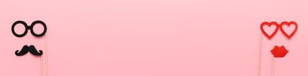 Paper photo props mustache, lips and glasses in the form of faces on pastel pink background. Concept...