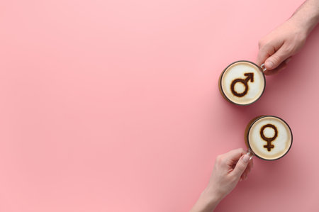 Top view Hands of couple in love holding cups of coffee with symbols of venus and mars on milk foam on pastel pink background. Concept romantic date on Valentine's day. Creative flat lay, copy spaceの写真素材