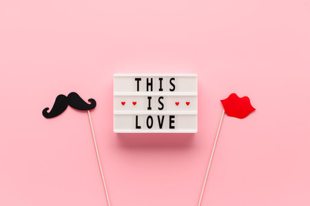 White light box with text This is Love and paper photo props mustache, lips on pastel pink background. Concept Valentine's Day. Creative flat lay, top viewの写真素材
