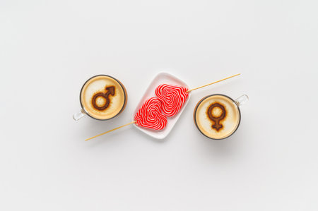 Two cups of coffee with symbols of venus and mars on whipped milk foam and couple lollipops in heart shape on white tabletop. Concept romantic sweet breakfast on Valentine's day. Flat lay, copy spaceの写真素材