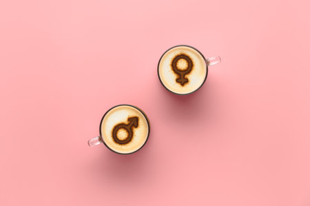 Top view two cups of coffee with symbols of venus and mars on whipped milk foam. Pastel pink background. Concept romantic date on Valentine's day. Creative flat lay, copy spaceの写真素材