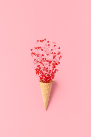 Confectionery sprinkling in heart shape and waffle cone on pastel pink background. Minimal...