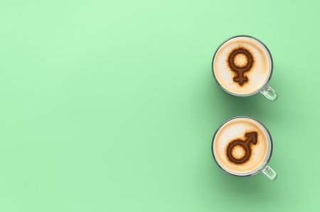 Top view two cups of coffee with symbols of venus and mars on whipped milk foam. Pastel green ash color background. Concept romantic date on Valentine's day. Creative flat lay, copy spaceの写真素材