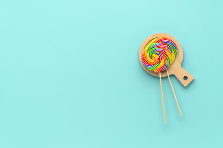 Two round rainbow lollipops on pastel cyan background. Minimal composition, Flat lay, top view, Copy space. Holiday greeting card. LGBT conceptの写真素材