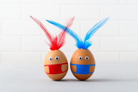 Coronavirus Easter concept. Two brown easter eggs wearing protection face mask and feather ears for Easter holidays decoration. Selective focus, close upの写真素材