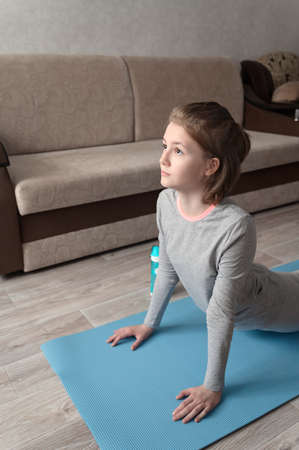 Teenage girl doing fitness exercise, practicing yoga at home. Healthy lifestyle concept. Workout at...