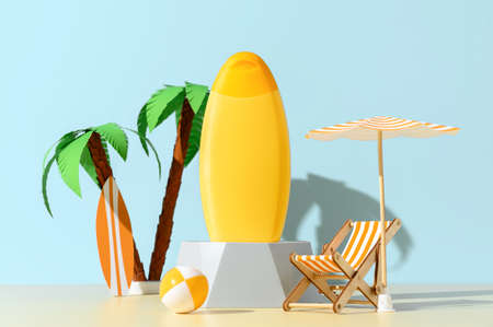 Sunscreen ad template, sunblock tube mockup on podium, decorated with miniature beach chair, palm tree and umbrella. Blue backgroundの写真素材