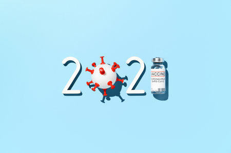 The 2021 - year of mass vaccination against COVID-19 of the world population, the concept of victory over coronavirus. Overhead view of 2021 date, ampule, and ball in form virus on pastel blue backgroundの写真素材