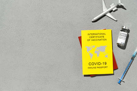 Traveling Immune passport, as proof vaccinated against Covid-19. Yellow Certificate of Vaccination, syringe, vial with vaccine, and toy plane on gray background. Top view, copy spaceの写真素材