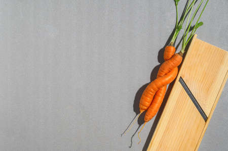 A couple of ugly imperfect carrots on gray background. Zero waste food concept. Flat lay, Copy spaceの写真素材