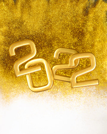 Gold numbers 2022 levitate on a glitter background. New Years greeting card. Celebration conceptの写真素材