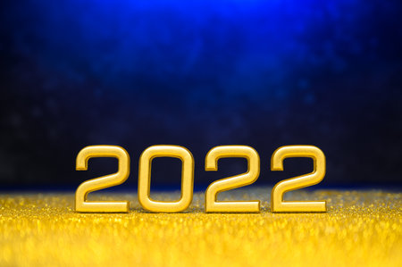 Golden numbers 2022 with glitters on dark blue background. Greeting postcard Happy new year 2022....