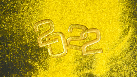 Golden numbers 2022 levitate over glitters bokeh background. Greeting postcard Happy new year 2022. Overhead viewの写真素材