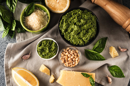 Homemade Pesto Sauce with Pine Nuts and Basil: Ingredients on Black Background.の写真素材