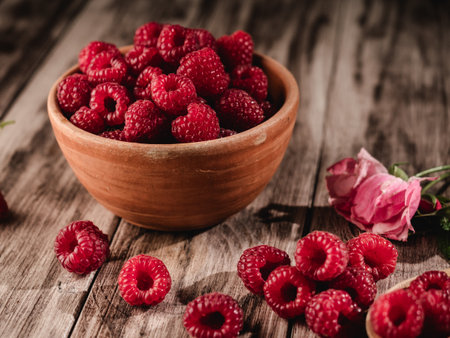 Fresh Raspberries: Juicy, Ripe Berries for a Healthy Summer Snack on a Wooden Background.の写真素材