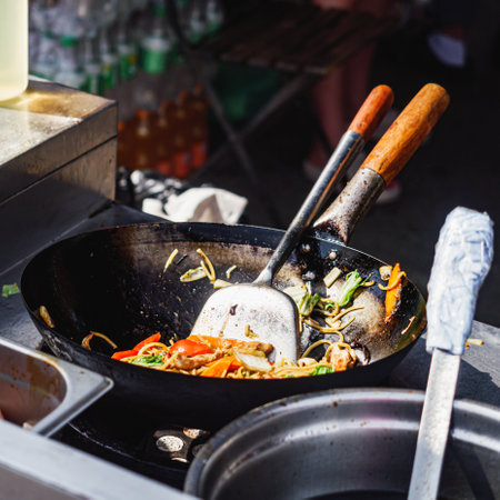 Chef Stir-Frying Sweet Chili Chicken with Vegetables in a Wok: Street Food Festival Sceneの写真素材