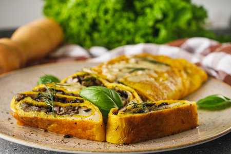Delicious Homemade Omelette: Fresh Ingredients with Cheese, Mushrooms, and Vegetables.の写真素材