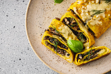 Delicious Homemade Omelette: Fresh Ingredients with Cheese, Mushrooms, and Vegetables.の写真素材