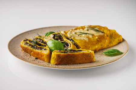 Delicious Homemade Omelette: Fresh Ingredients with Cheese, Mushrooms, and Vegetables.の写真素材