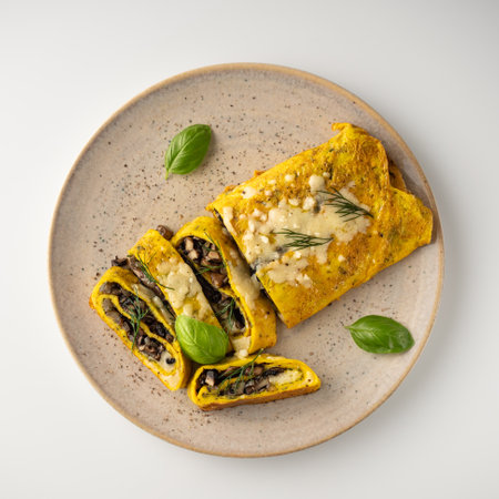 Delicious Homemade Omelette: Fresh Ingredients with Cheese, Mushrooms, and Vegetables.の写真素材