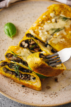 Delicious Homemade Omelette: Fresh Ingredients with Cheese, Mushrooms, and Vegetables.の写真素材