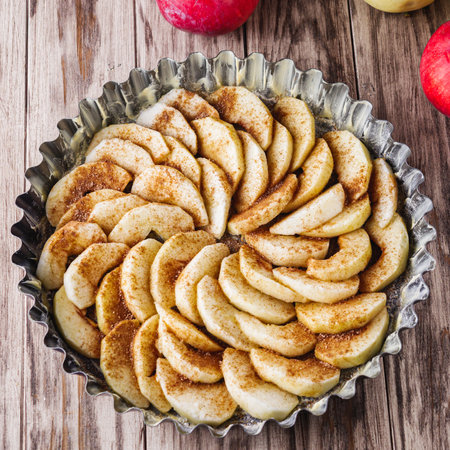 Traditional Apple Pie Charlotte: Delicious and Homemade on a Rustic Wooden Table.の写真素材