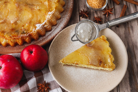 Traditional Apple Pie Charlotte: Delicious and Homemade on a Rustic Wooden Table.の写真素材