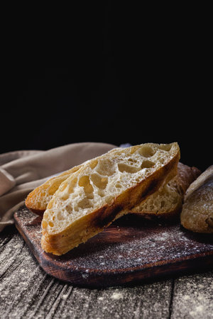 Ciabatta Italian bread with Olive Oil: Fresh, Rustic, Homemade, and Delicious on a Wooden Table.の写真素材